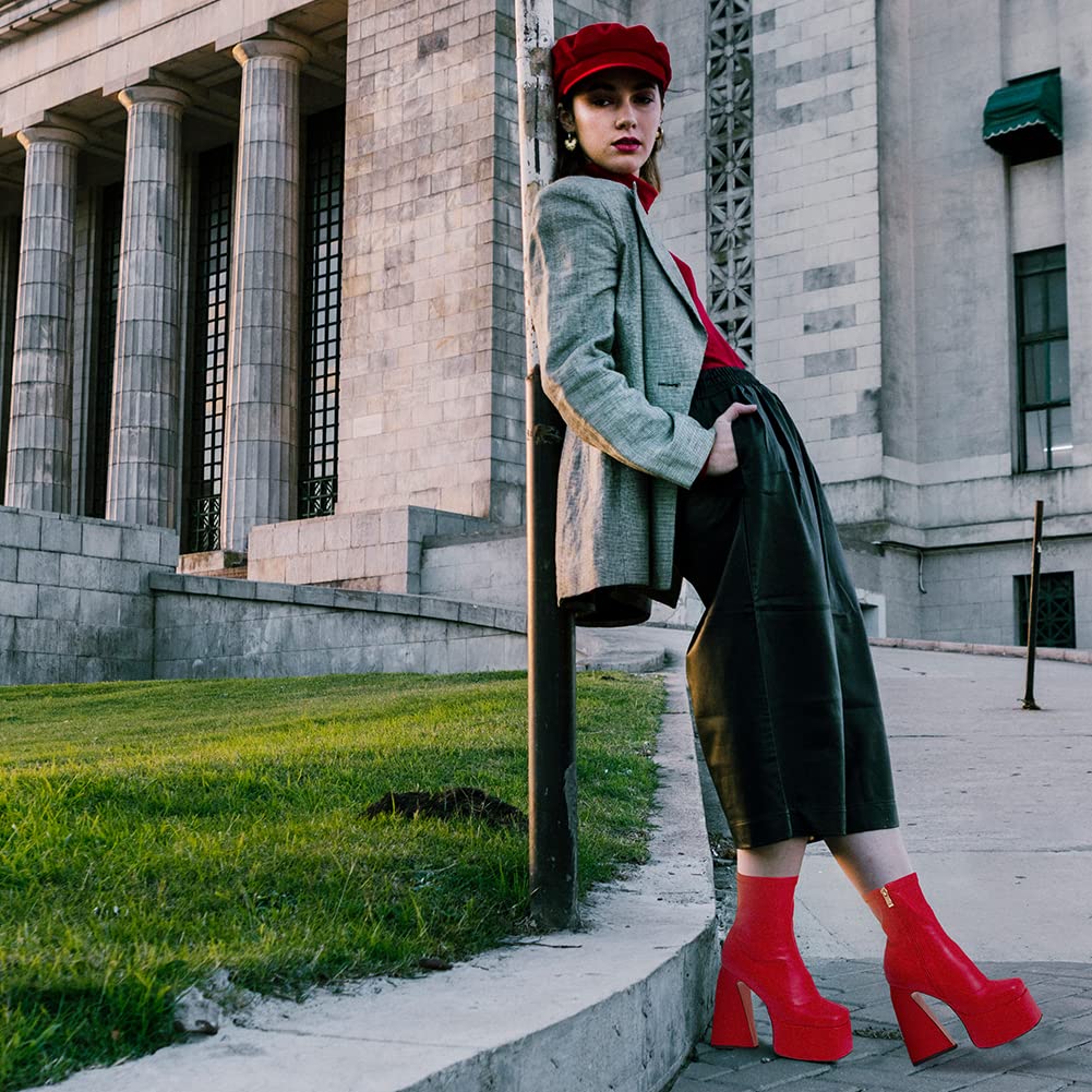 Red Platform Boots for Women Mid Calf Boots Square Toe Chunky High Heel Boots Side Zipper Ankle Booties