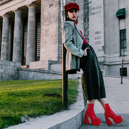 Red Platform Boots for Women Mid Calf Boots Square Toe Chunky High Heel Boots Side Zipper Ankle Booties