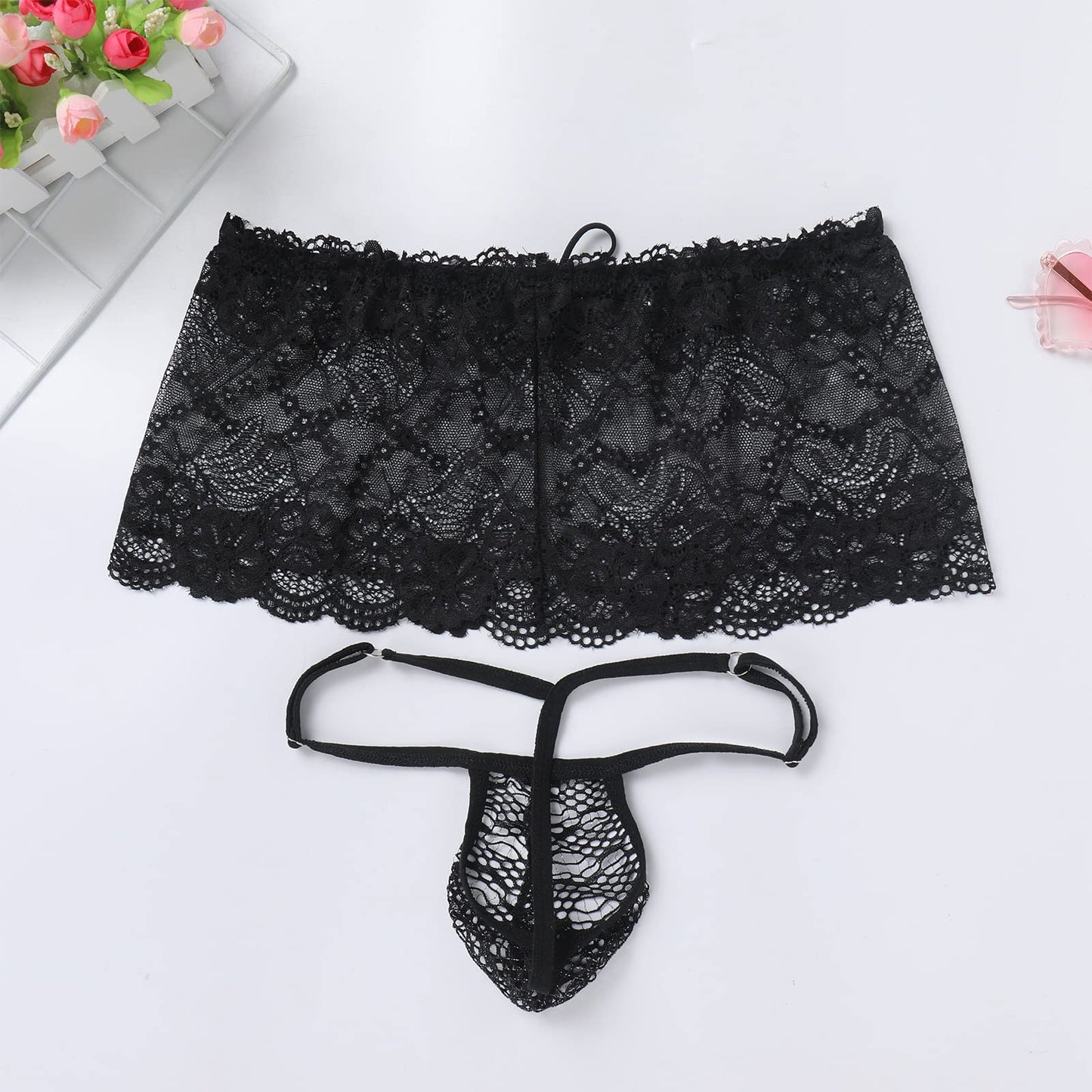 ABAFIP Men's Crossdresser Sissy Lingerie Low Waist Lace Mesh Sheer Mini Skirt + G-string Thong Panties 2 Piece Crossdressing Underwear set Black One Size