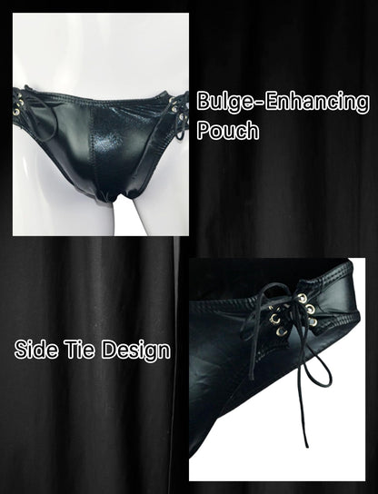 Mens Thongs Faux Leather Underwear Side Drawstring G-String Briefs Sexy Low Rise Jockstrap Bikini Briefs Bulge Pouch Underwear for Men Black