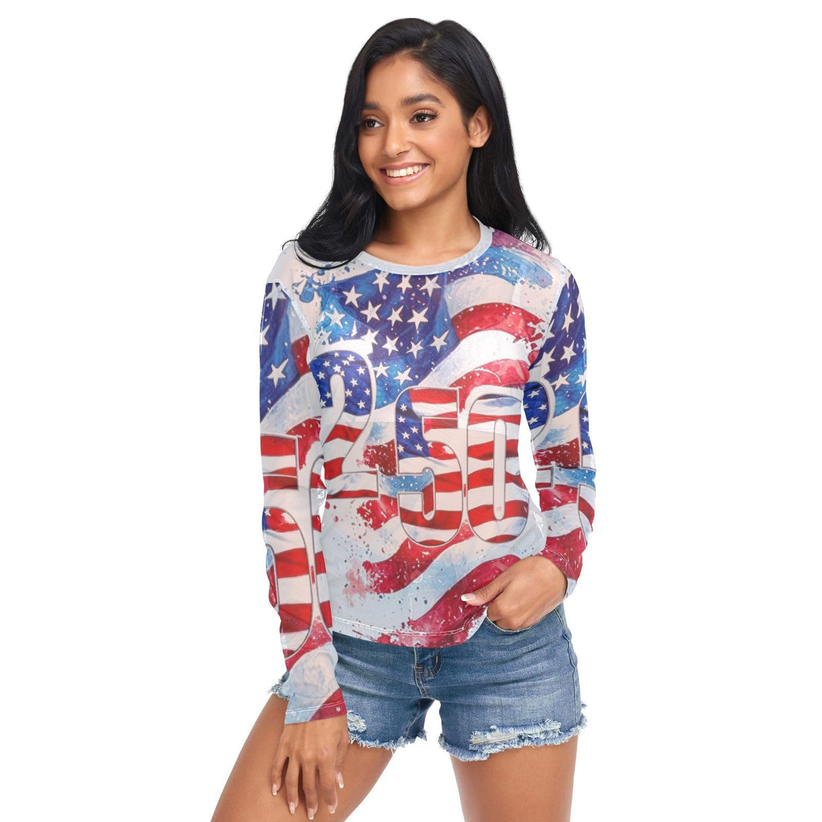 Women Mesh Tops Sexy- American Flag Stars Stripes Number Sheer Long Sleeve Shirts Crew Neck Going Out Tops L