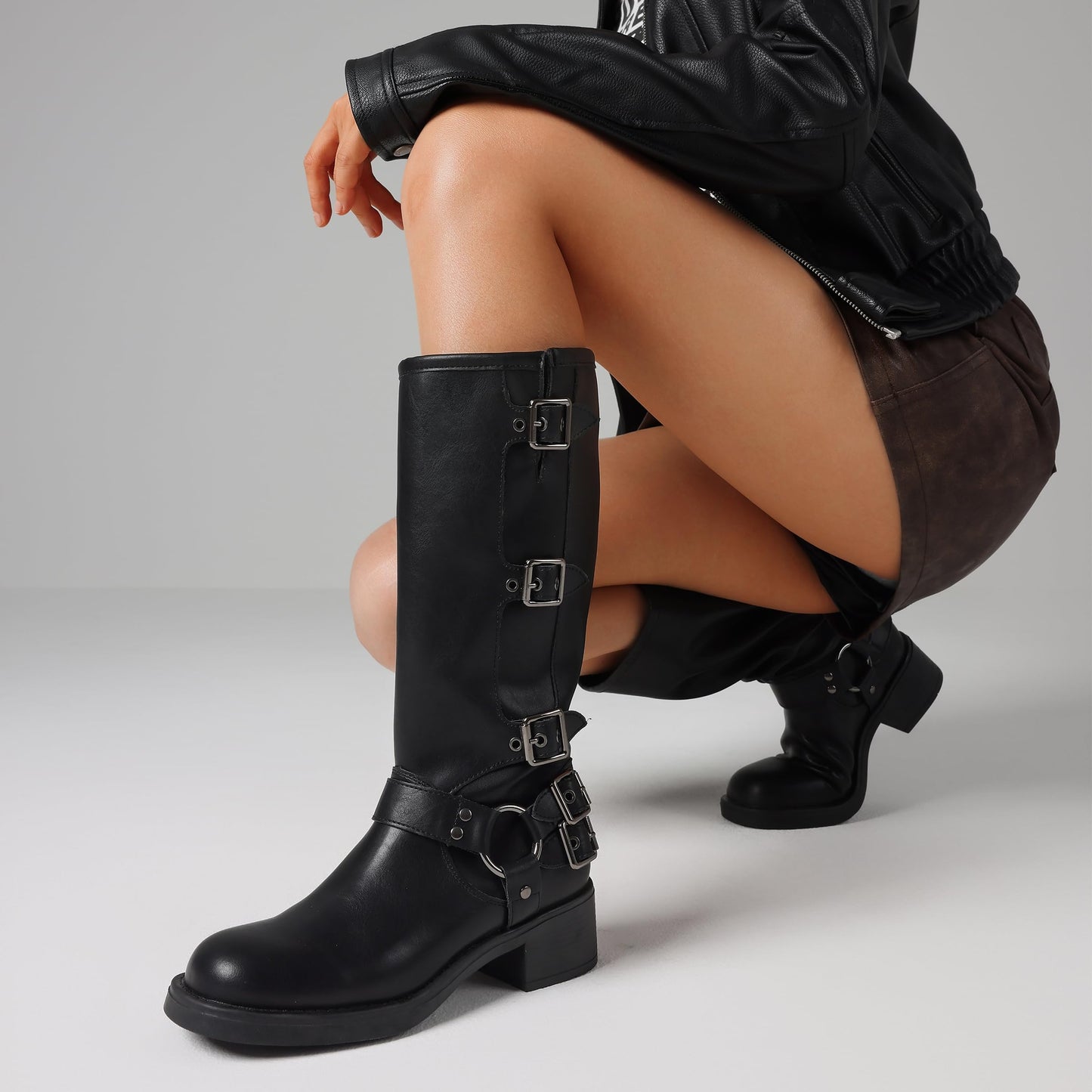 Black boots for women knee high Moto Buckle Tall Boots Size 8.5