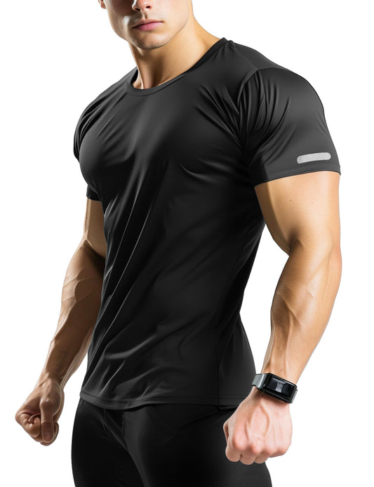 Men Workout Shirts Dry Fit Fitted (Black,L)