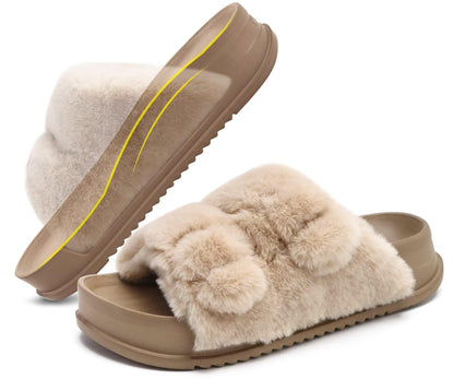 KuaiLu Womens Orthotic Slides Fuzzy House Slippers For Plantar Fasciitis