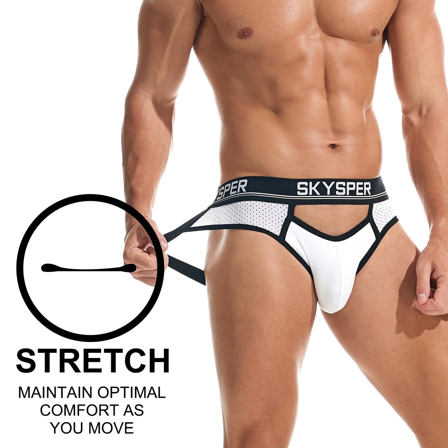 SKYSPER Men's Jock Strap Athletic Supporter For Men Sexy Jockstrap Male Underwear, 25SK-White, Large