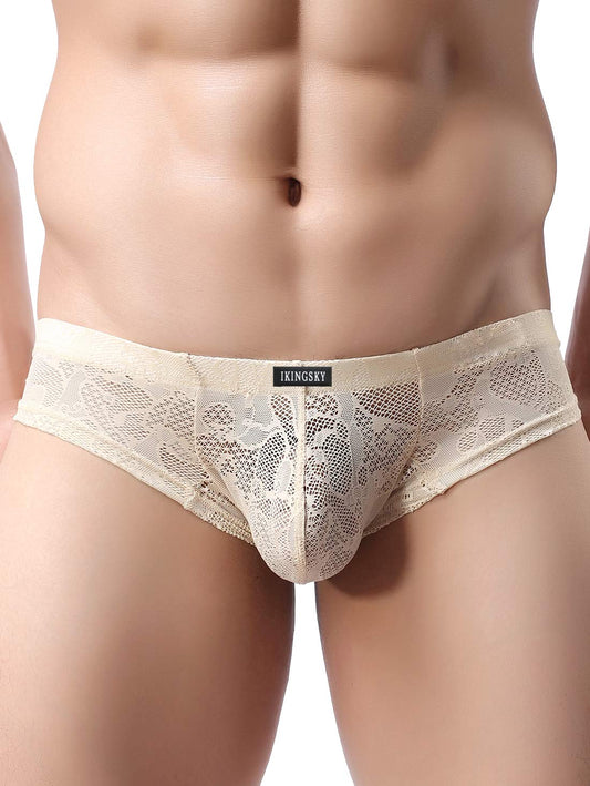 iKingsky Men's Cheeky Boxer Briefs Sexy Thong Underwear Breathable Lace Mens Panties (Small, 2 Pack-B)