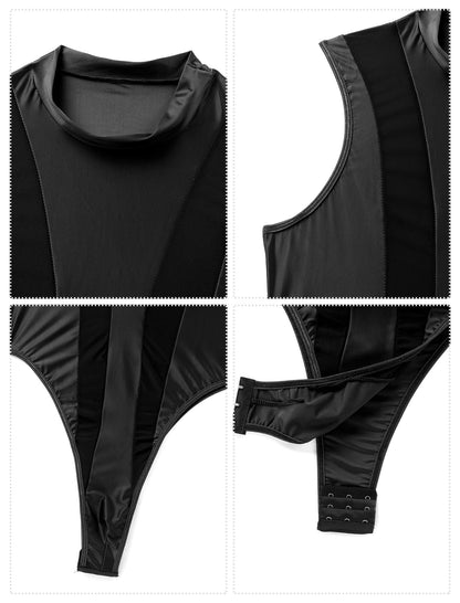 Men's Mesh Sheer Bodysuit Mock Neck Spliced Sleeveless High Cut Thong Leotard Singlet Underpants Black One Size
