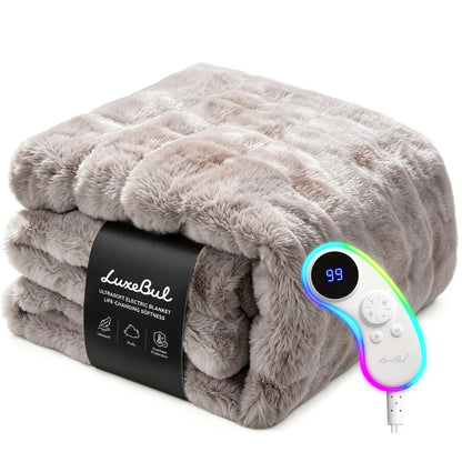 LuxeBul Ultrasoft Heated Blanket Throw: 460 GSM Fluffy Cozy Faux Fur