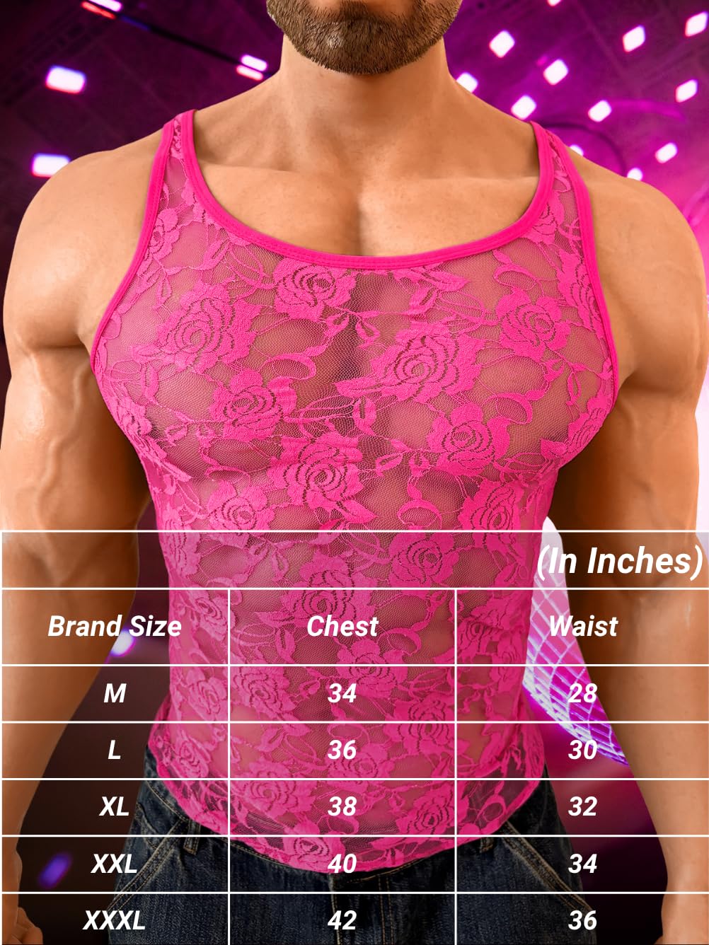 Men Sexy Lace Tank Top, Sheer Mesh Shirt Sissy Clothes Hot Pink M