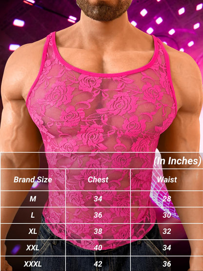 Men Sexy Lace Tank Top, Sheer Mesh Shirt Sissy Clothes Hot Pink M