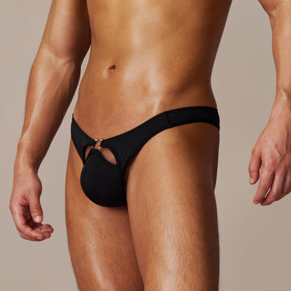 BSZN Men's Horseshoe Ring Briefs, Black Low Rise Sexy Underwear, High Stretch Breathable Pouch Slim Fit Briefs for Men