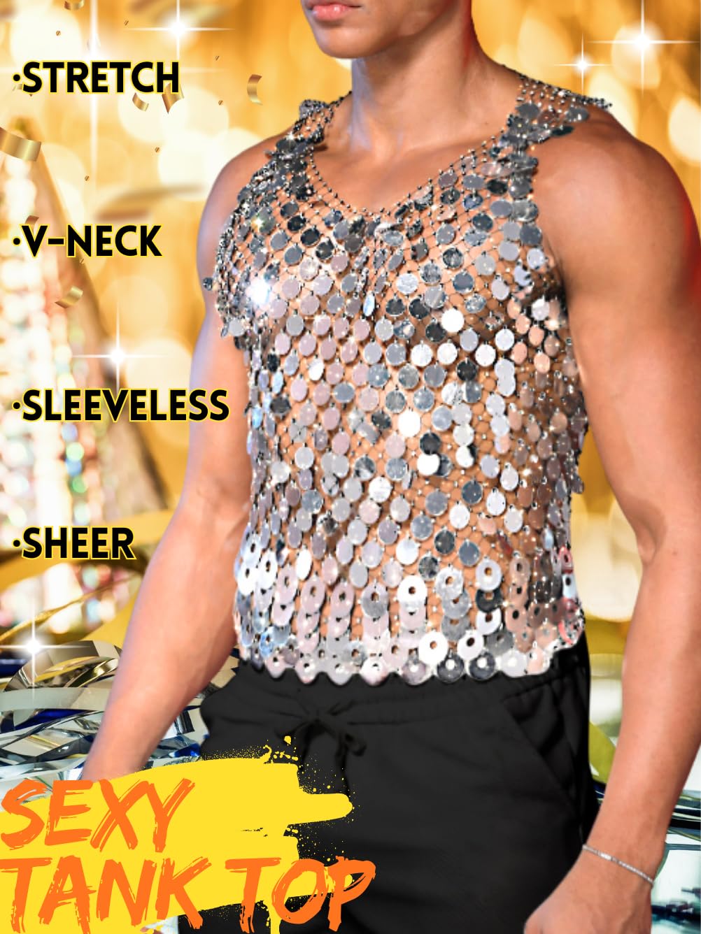 ChiaoLezhee Men's Big Sequin & Rhinestone Mesh Shirt for Rave, Sparkly Reflective Metallic Sexy Tank Top,Club Party Festival Outfits Summer Going Out Fishnet Glitter Sheer Sleeveless,Silver