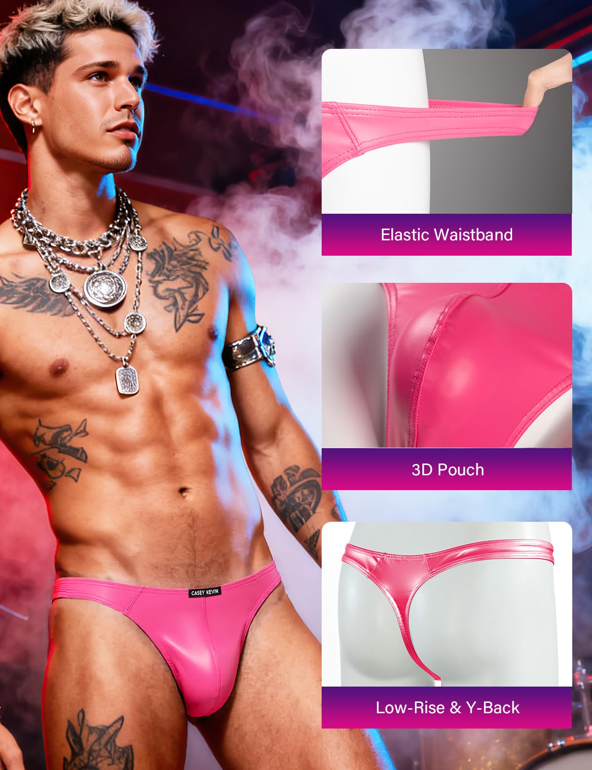 Mens Leather Thong Sexy Shiny Metallic Underwear Low Rise G-string Bikini Swimsuit Sparkly T Back,Pink,Large