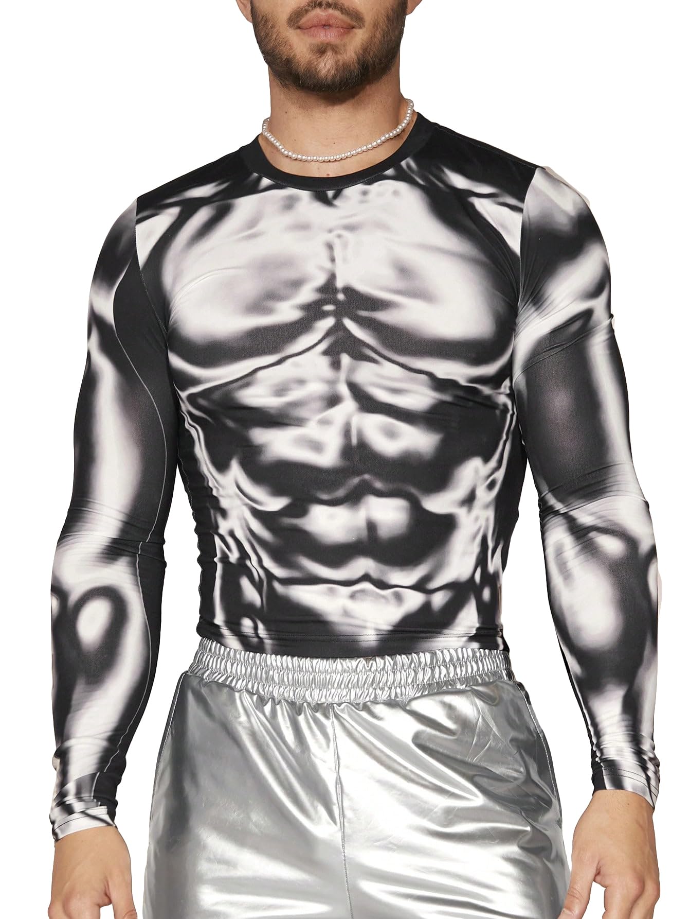 GORGLITTER Men's Body Print Crop T Shirt Long Sleeve Crewneck Tee Shirts Top Black and White Small