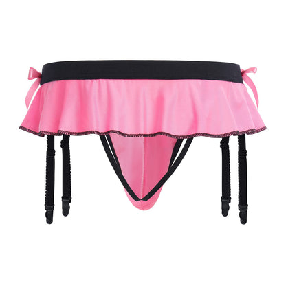 ABAFIP Men's Sissy Lingerie Skirted Garters Belt Panties Bowknot Stockings 2 Piece Crossdressing Underwear Honeymoon Valentine Nightwear set Pink-socks set One Size