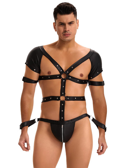 Mens Harness Faux Leather Bondage Sexy Mankini Costume One-piecs Thong Underwear with Jockstrap Bodysuit (Black, XL)