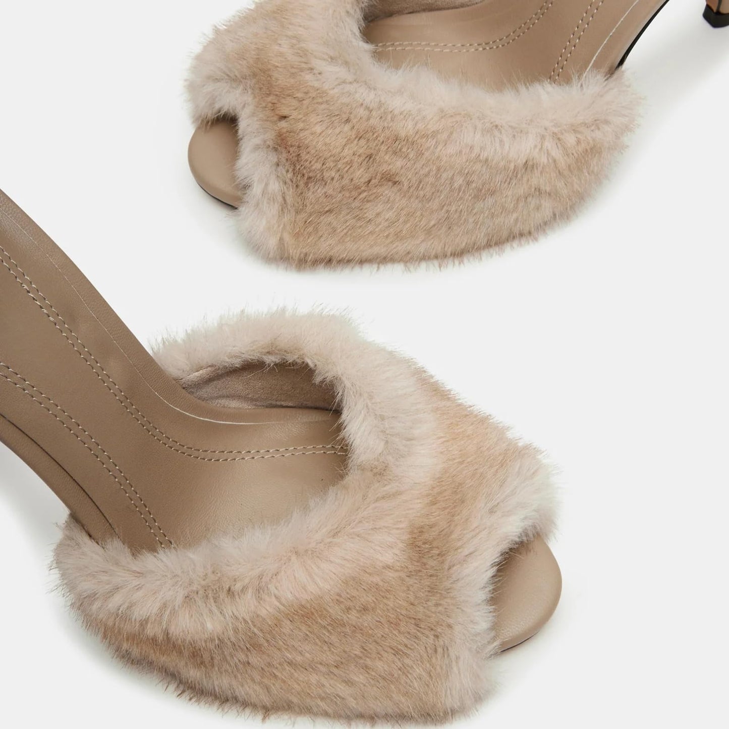 Women's Faux Fur Heeled Sandals Furry Peep Toe Mules Slip on Stiletto High Heels Dress Sexy Slide Sandals