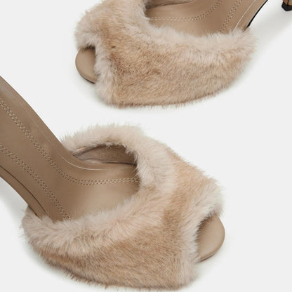 Women's Faux Fur Heeled Sandals Furry Peep Toe Mules Slip on Stiletto High Heels Dress Sexy Slide Sandals