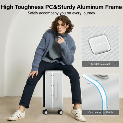 Hanke 28 Inch Luggage with Cup Holder and Charge,Top Opening Hard Shell Suitcases with Wheels and Dividers,Aluminum Frame Trunk Luggage Extra Large Suitcase with Lock for Travel,Smoke White