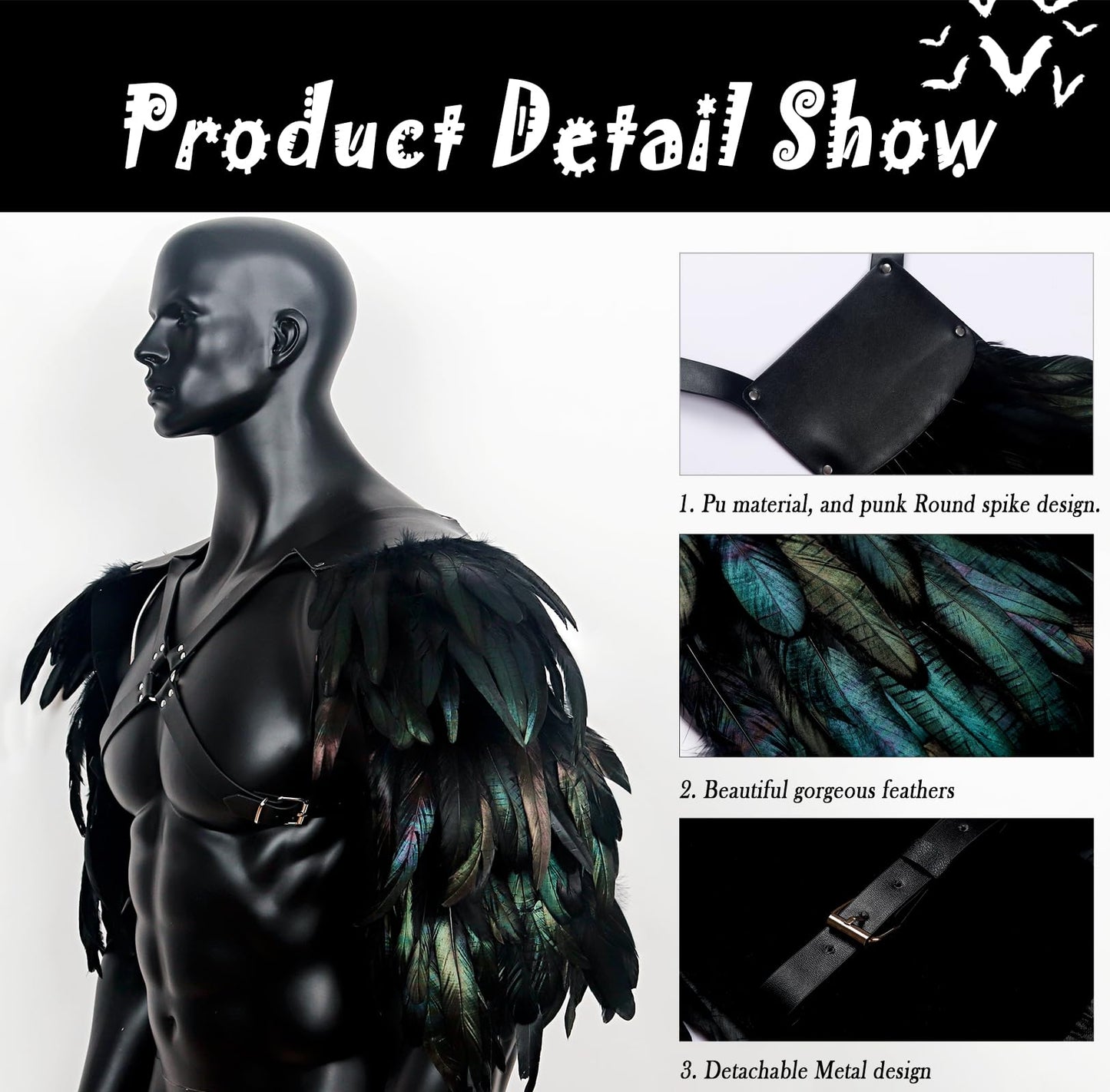 Gothic Men's Feather Shoulder Piece Punk Leather Harness, Black