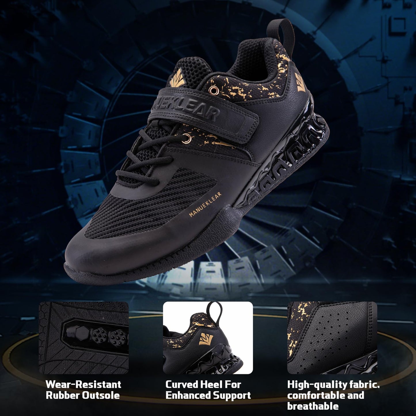 MANUEKLEAR Strong Anti-Slip Deadlift Lifting Squat Shoes for Men, Professional Training Weightlifting Shoes for Men and Women with Rubber Non-Slip Sole Obsidian Black