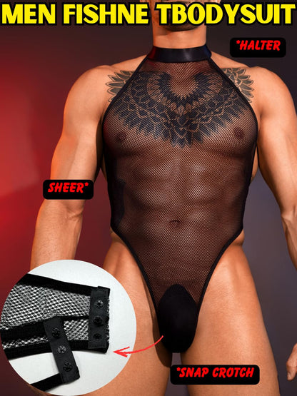 EHSUYAB Men Sexy Lingerie, Snap Crotch High Cut Fishnet Bodysuit, Sheer Mesh Sissy Clothes Gay Club, Party Dance Rave Outfits Black One Size