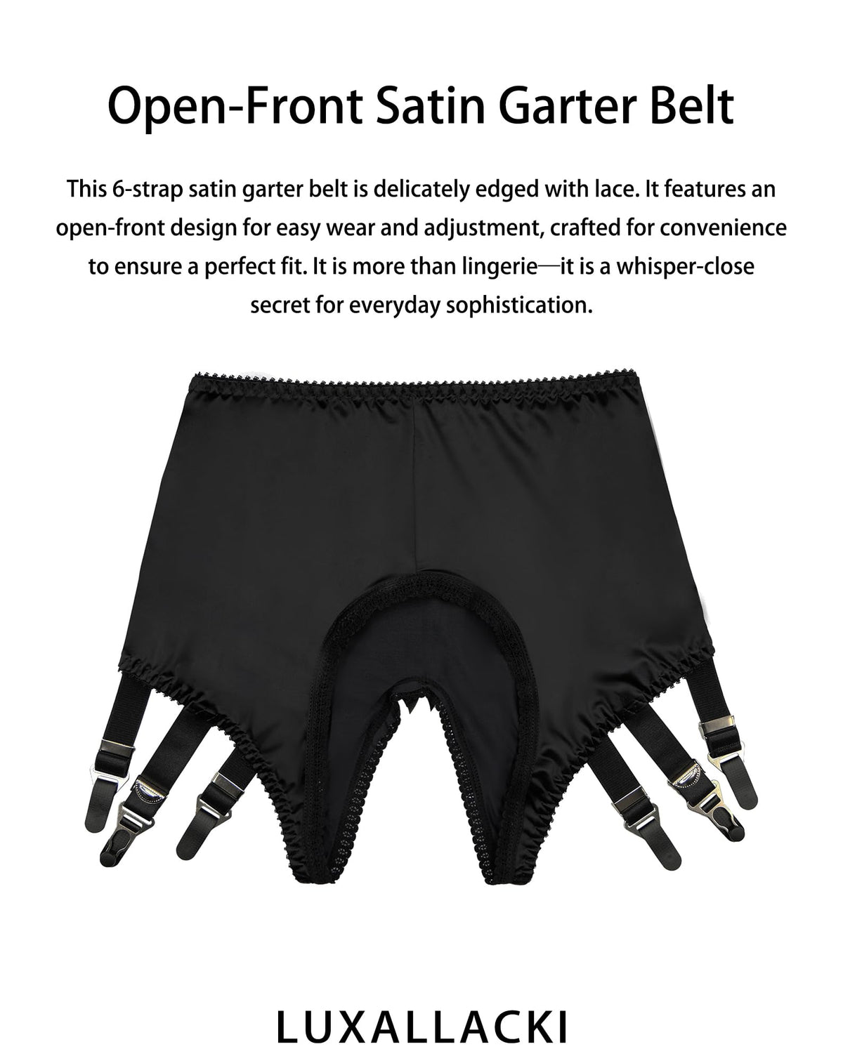 6-Strap Pull-On Satin Garter Panty with Metal Clips, Open-Crotch Design for Thigh-High Stockings (Black,3XL)
