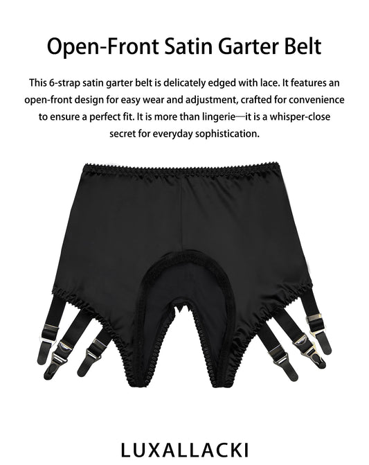 6-Strap Pull-On Satin Garter Panty with Metal Clips, Open-Crotch Design for Thigh-High Stockings (Black,3XL)