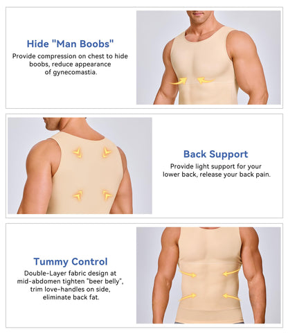 Eleady Mens Slimming Body Shaper Vest Compression Shirt Abs Abdomen Shapewear Workout Tank Top Undershirt (Large, Beige Tops)