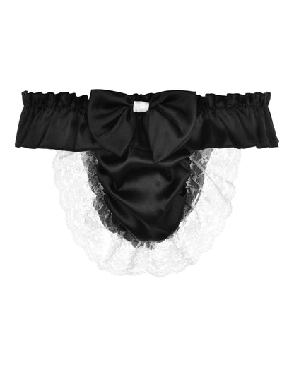 Satini Men's Satin Ruffle Bow Thong Sissy Knickers Briefs Jockstrap Panties (Black, XXL)