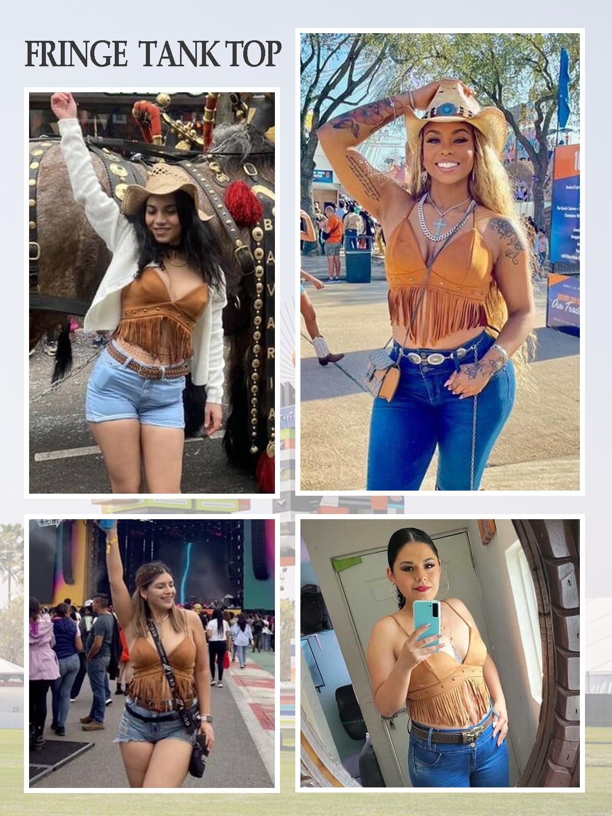 Women’s Western Cowgirl Fringe Top – Faux Suede Country Concert Outfits, Festival Rodeo Nashville Cowboy Cami Shirt (2513B, Brown, M)