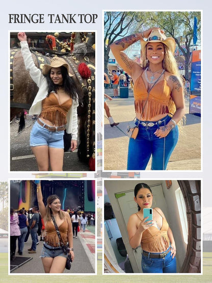 Women’s Western Cowgirl Fringe Top – Faux Suede Country Concert Outfits, Festival Rodeo Nashville Cowboy Cami Shirt (2513B, Brown, M)
