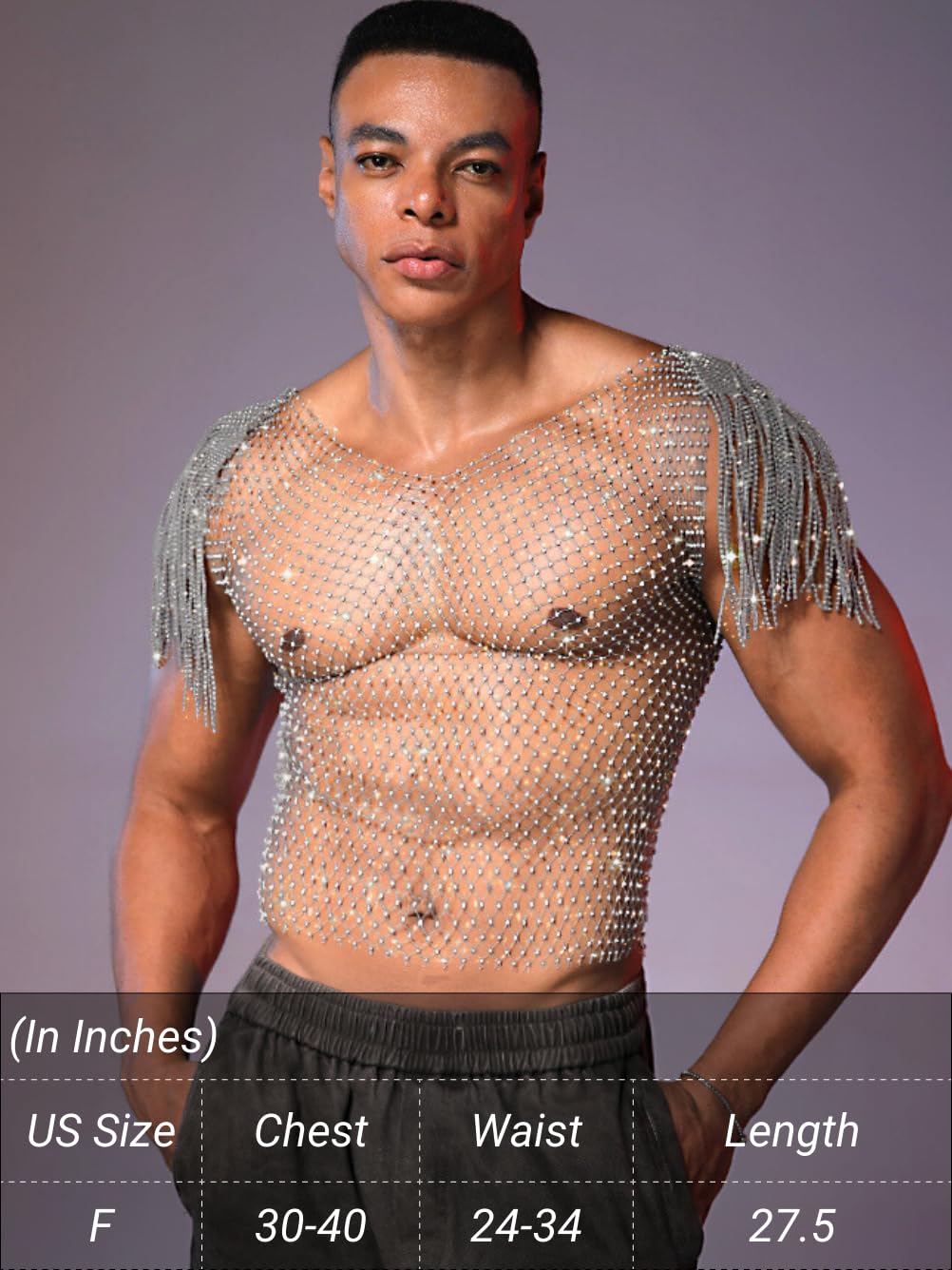 EHSUYAB Men Sexy Fringe Cap Sleeve Sparkly Rhinestone Mesh Top, See Through Fishnet Shirt Tank Tops, Concert Club Rave Outfit Silver One Size