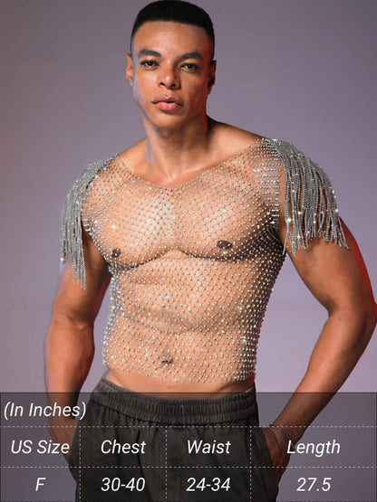 EHSUYAB Men Sexy Fringe Cap Sleeve Sparkly Rhinestone Mesh Top, See Through Fishnet Shirt Tank Tops, Concert Club Rave Outfit Silver One Size