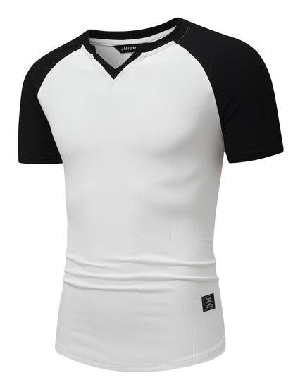 JMIERR Mens V-Neck Muscle Henley Shirt Patchwork Workout Gym Athletic Shirts Summer Fashion Short Sleeve Shirt for Men, M