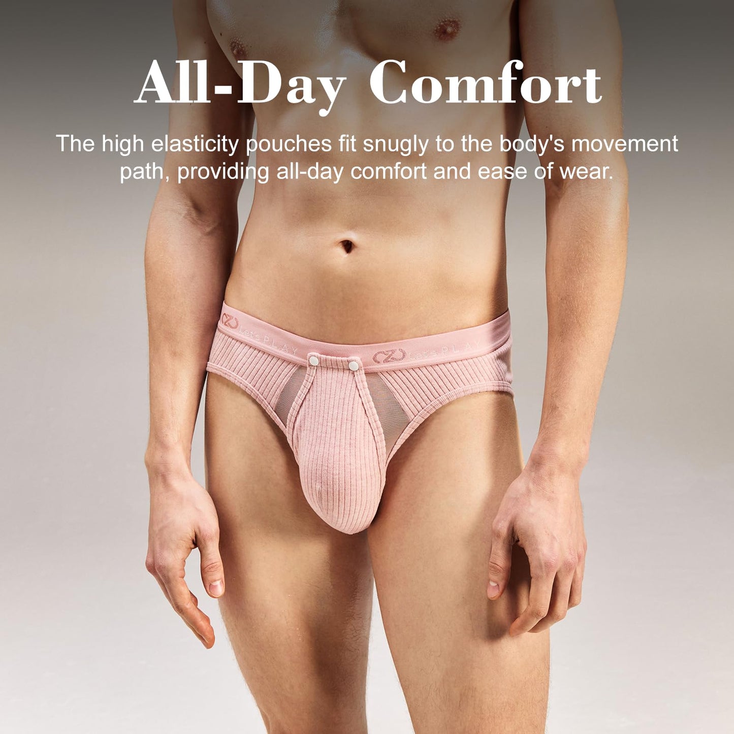 BSZN Men's Thick Ribbed Sexy Briefs, Dusty Pink Mid Low Rise Snap Open Sexy Men Underwear, Cutout Back Men Sexy Lingerie with Sheer Mesh Pouch Soft High Stretch Sexy Undergarment