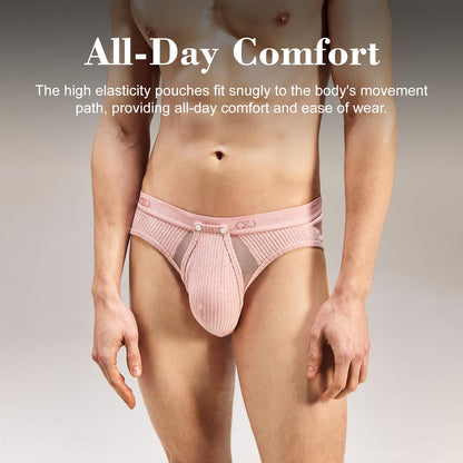 BSZN Men's Thick Ribbed Sexy Briefs, Dusty Pink Mid Low Rise Snap Open Sexy Men Underwear, Cutout Back Men Sexy Lingerie with Sheer Mesh Pouch Soft High Stretch Sexy Undergarment