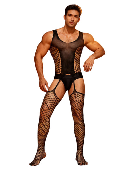 Men's Fishnet Bodysuit One Piece Mesh Bodystocking Lingerie (black,XS-M)
