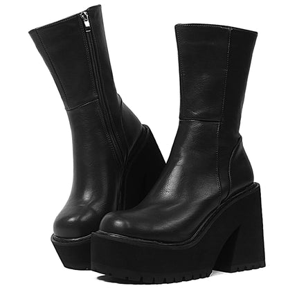 Womens Wedge Heel Ankle Boots Platform Zipper Punk Motorcycle Booties Chunky Block High Heel Round Toe Fashion Work Combat Boots Mid Calf For Women