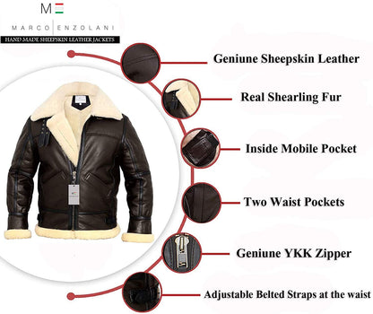 MARCO ENZOLANI B3 Bomber Jacket Aviator Real Shearling B3 Bomber Jacket Winter (Brown, 2xl)