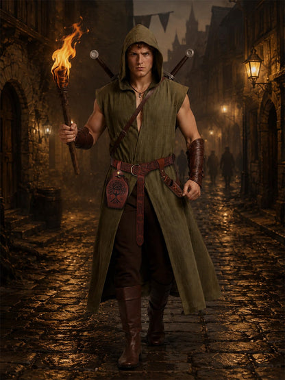 Renaissance Costume Set for Men - 4PC Medieval Viking Hooded Sleeveless Surcoat, Ren Faire Halloween Cosplay Outfit (Green, L)