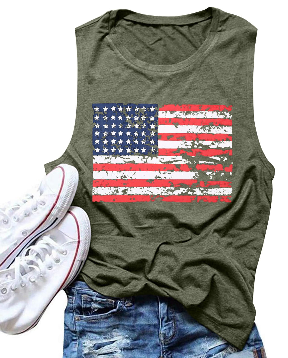 FAYALEQ American Flag Print Tank Tops Women USA Stars Stripes Patriotic T Shirt Summer Loose Vest Tees (S, Army Green)