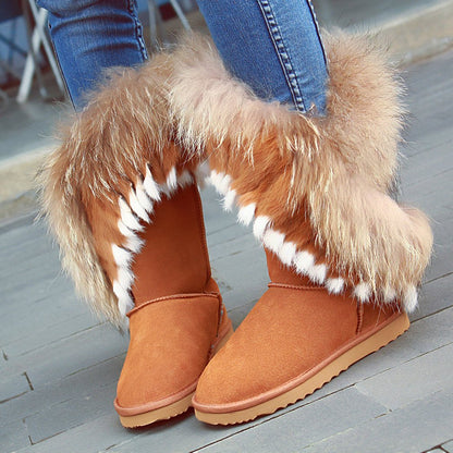 APHNUS Womens Mid Calf Boots Cow Leather Fur Snow Boots Brown US7.5