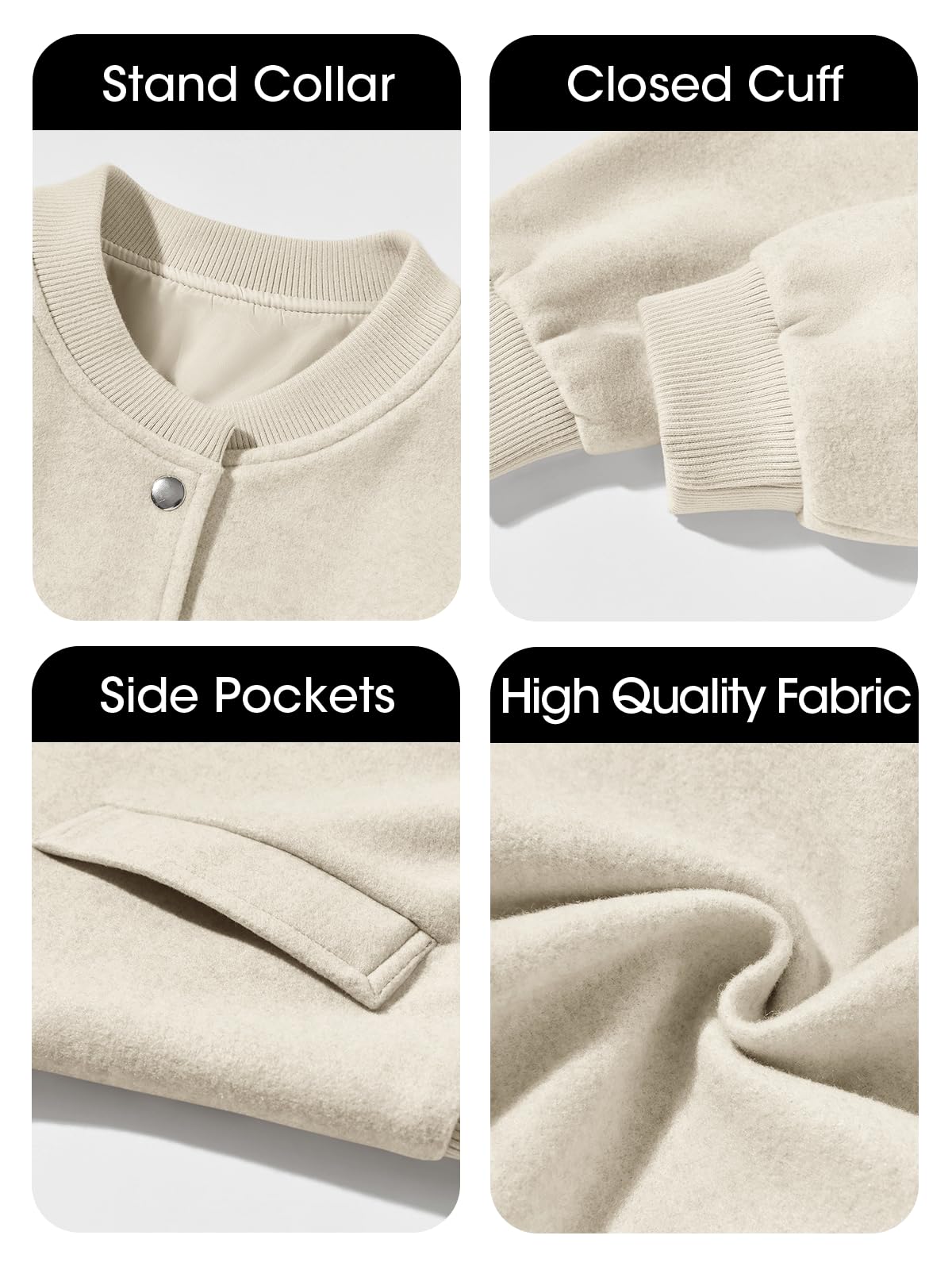 Womens Cropped Bomber Jacket Wool Blend Varsity Short Pea Coats Long Sleeve Button Down Casual Outerwear