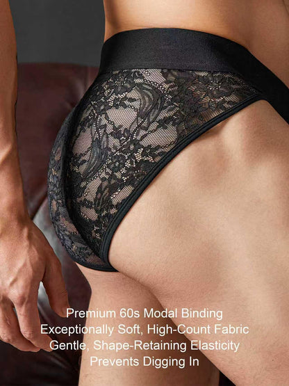 TOMATOPAPA Men's Italian Style Lace Briefs Underwear, Luxury Vintage Briefs with Floral Lace Trim, High Elastic Soft Underwear Comfortable Undepants, Sophisticated Design Black