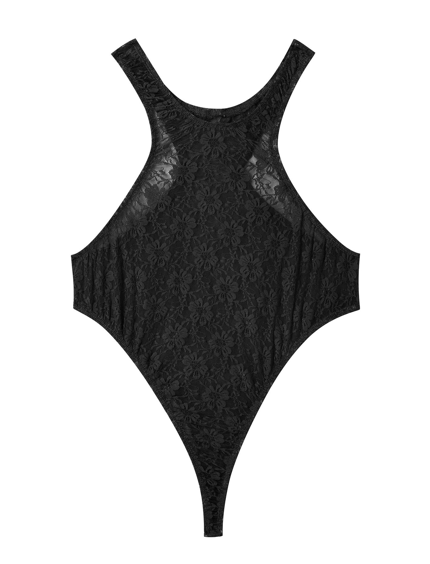 ABAFIP Men's Lace Bodysuit High Cut One Piece Leotard Sleeveless Racerback Sheer Lingerie Undershirts Top Black Large
