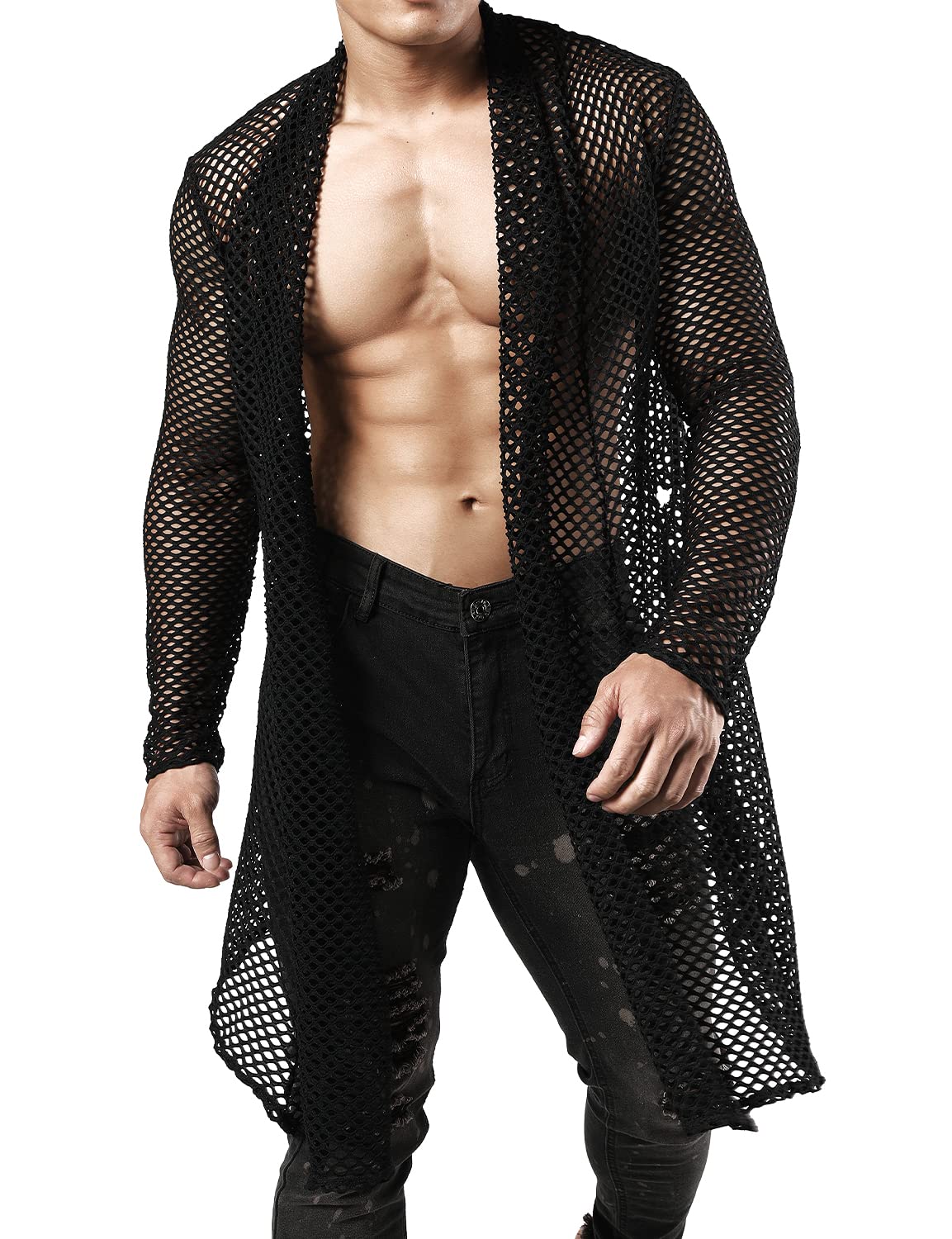 JOGAL Men's Mesh Fishnet Fitted Muscle Cardigan Large WG05 Black