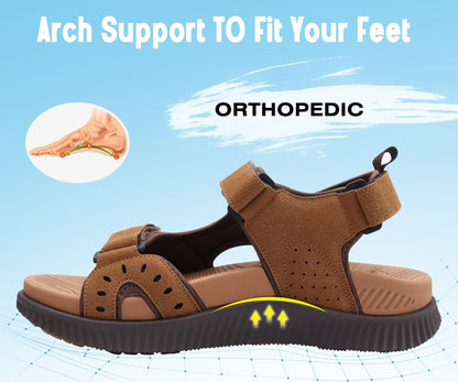 KuaiLu Mens Leather Hiking Sandals With Arch Support Orthopedic Sport Recovery Athletic Walking Sandals For Man Outdoor Summer Casual Thick Cushion Beach Water Fisherman Sandal, size 9 Khaki Brown