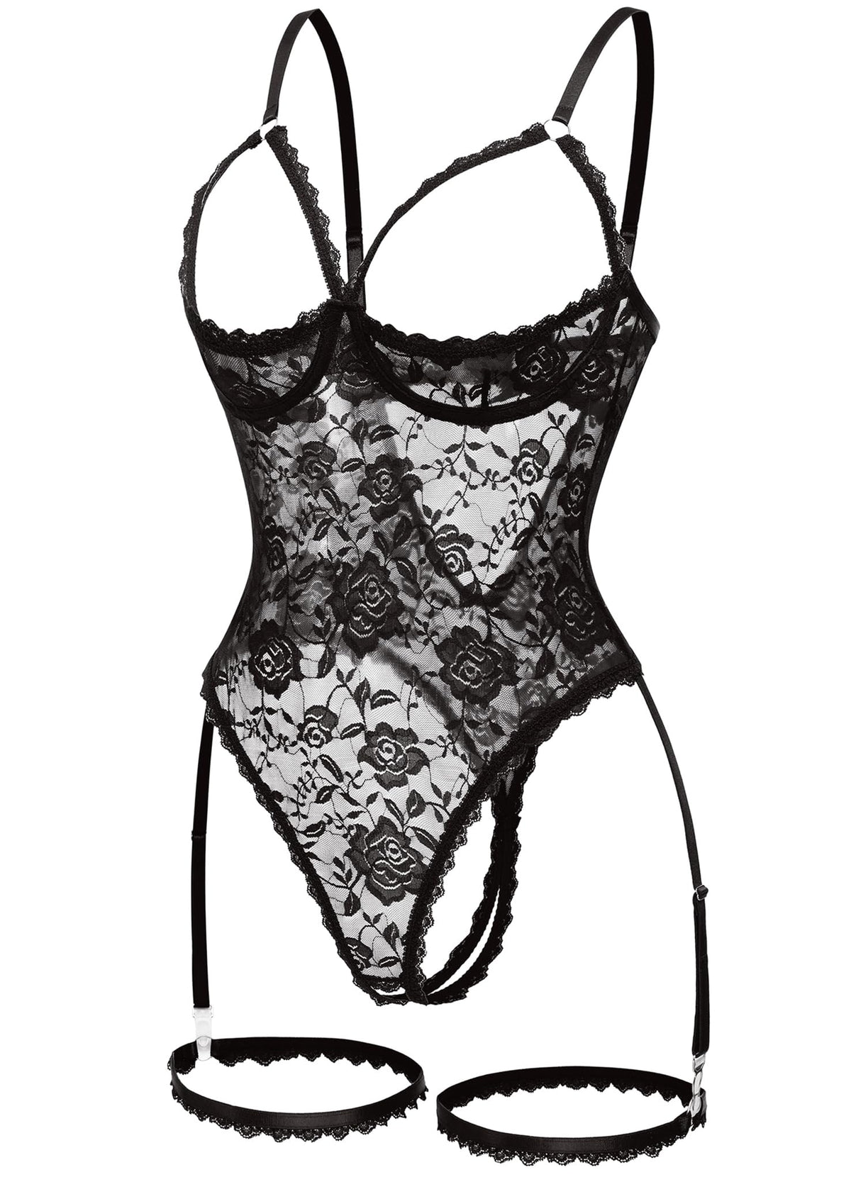 Women Sexy Floral Lace Teddy Lingerie Garter Belt Backless Bodysuit Set