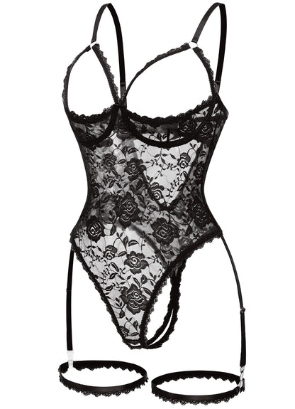 Women Sexy Floral Lace Teddy Lingerie Garter Belt Backless Bodysuit Set
